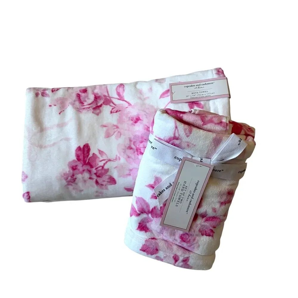 Cupcakes & Cashmere Pink Floral Towel Set- 2 Hand & 2 Bath Towels Cotton NEW